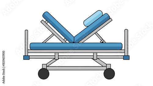 Adjustable Blue Medical Stretcher With Wheels And Light Blue Headrest On Black Background Flat Design Illustration
