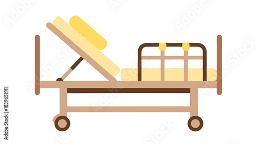 Adjustable Hospital Bed With Yellow Headrest And Cream Mattress On Wheels In A Neutral Setting With Simple Clean Design