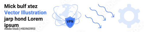 Cybersecurity, data protection, internet privacy, VPN services, online security, secure connections. Globe with shield labeled VPN, arrows cogwheel. Cybersecurity and data protection concept