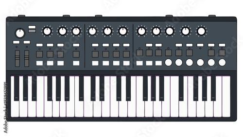 Analog Synthesizer Keyboard with Multiple Knobs and Buttons on a Black Background