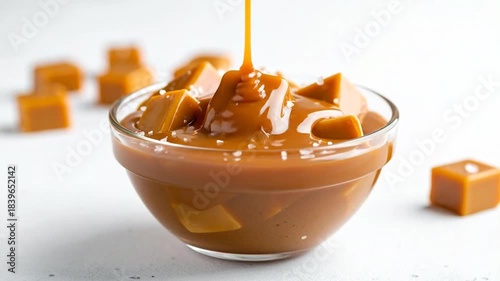 Caramel Sauce Pouring Over Salted Caramel Cubes