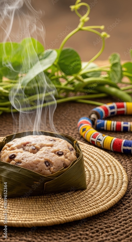 Obraz premium Steamed Cameroonian Koki – Black-Eyed Pea Pudding in Banana Leaf on Woven Mat, Fulani Bead Necklace