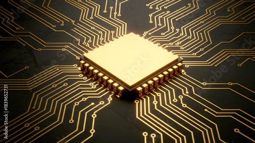 ネオン光で金色にきらきら光る回路が基板上を走り、なめらかな質感とともに未来的な雰囲気を演出するCG表現です。テクノロジーの進歩や希望を象徴