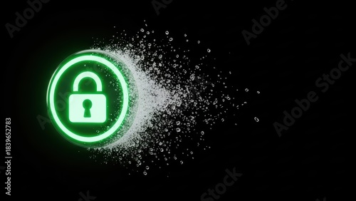 Digital lock icon exploding with particles against a black background  