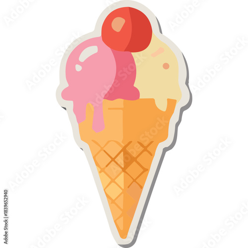 A refreshing three scoop ice cream cone with pink and yellow flavors topped with a red cherry in a waffle cone on a white background