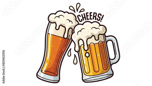 Two glasses of beer clinking together in a cheerful toast celebrating with frothy golden drinks.