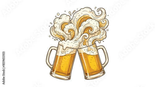 Two beer mugs clinking together with overflowing foam celebrating a festive occasion.