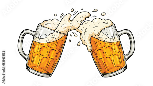 Two beer mugs clinking in a celebratory toast with frothy beer splashing out on a white background.