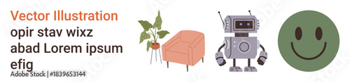 Home decor, artificial intelligence, digital communication, technology, modern lifestyle, positivity. Potted plant, couch robot and happy face. Home decor and artificial intelligence concepts