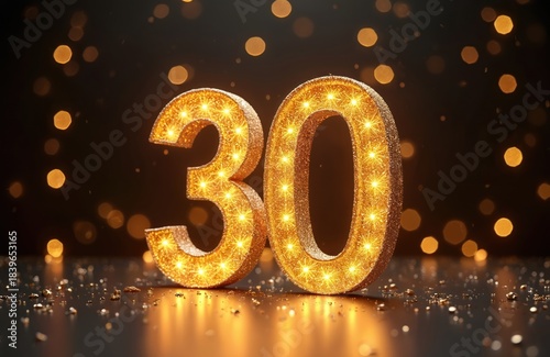 Golden sparkling number 30 with bokeh lights. Symbol 30 for thirtieth birthday party or business anniversary celebration. Modern luxury event design graphic.