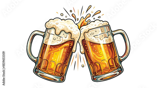 Two beer mugs clinking in a celebratory toast overflowing with foamy golden lager.