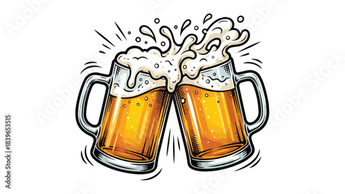 Two beer mugs clinking in a celebratory toast with frothy beer splashing out isolated on a white background.