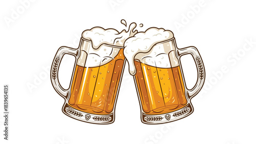 Two beer mugs clinking together in a celebratory toast.