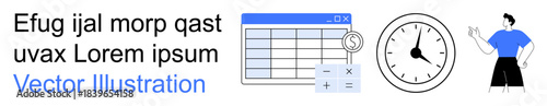 Business management, time tracking, analytics, financial planning, productivity, professional tools. A table with a calculator, clock and a person figure. Business management and time tracking