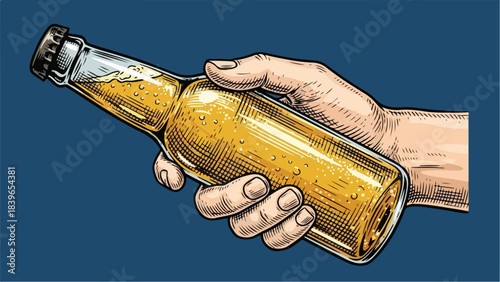 Hand holding a refreshing bottle of beer.