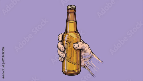 Hand holding a refreshing beer bottle against a simple background.