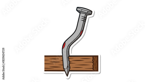 Bent Metal Nail Hammered Into Wooden Plank With Red Accents Against Black Background Detailed Cartoon Illustration