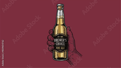 Hand holding a bottle of beer with a custom label.