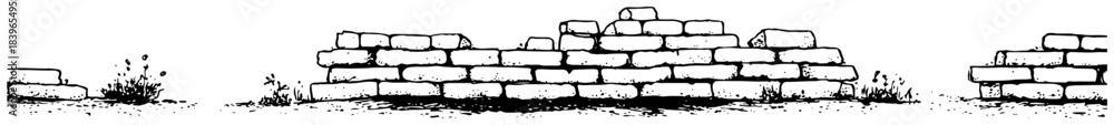Obraz premium Hand drawn ruined brick wall silhouette with grass vector illustration
