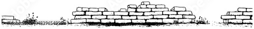 Hand drawn ruined brick wall silhouette with grass vector illustration