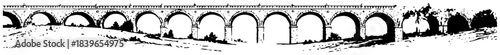 Long ancient stone arch bridge or viaduct aqueduct vector illustration