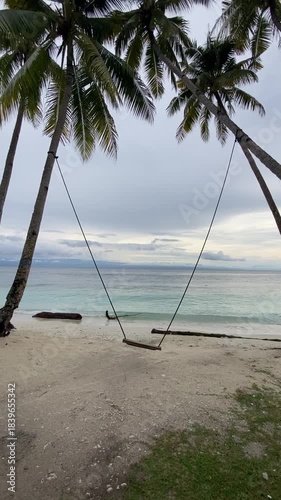 wooden swing tied between two tall palm trees on a white sandy beach, gently swaying back and forth near the turquoise ocean.
