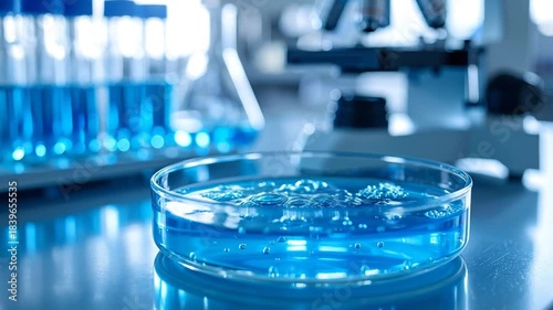 Laboratory Science: Microscope, Petri Dish, and Blue Liquids