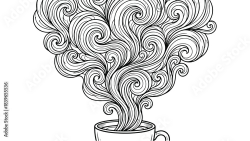Hand drawn cup of coffee with swirling steam.