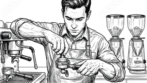 Barista preparing coffee with an espresso machine.
