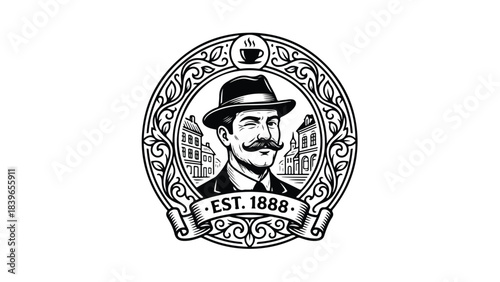 Vintage Gentleman Coffee Logo with Ornate Frame and Established Date.