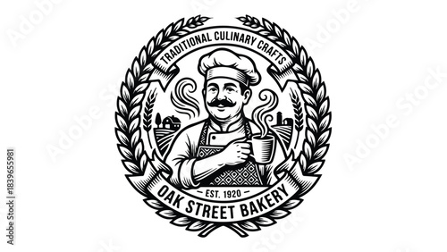 Vintage Bakery Logo with Chef Holding Coffee Mug.