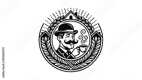 Vintage Gentleman Enjoying Coffee Logo Design.