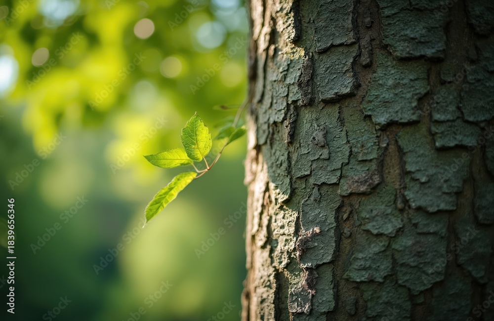 Fototapeta premium Close up photo shows tree trunk and fresh green leaves. Sunlight touches young leaves. Focus on a bark texture. Forest spring eco background.