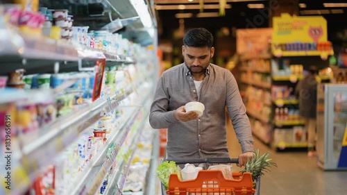 Indian man choosing dairy products yogurt in supermarket
