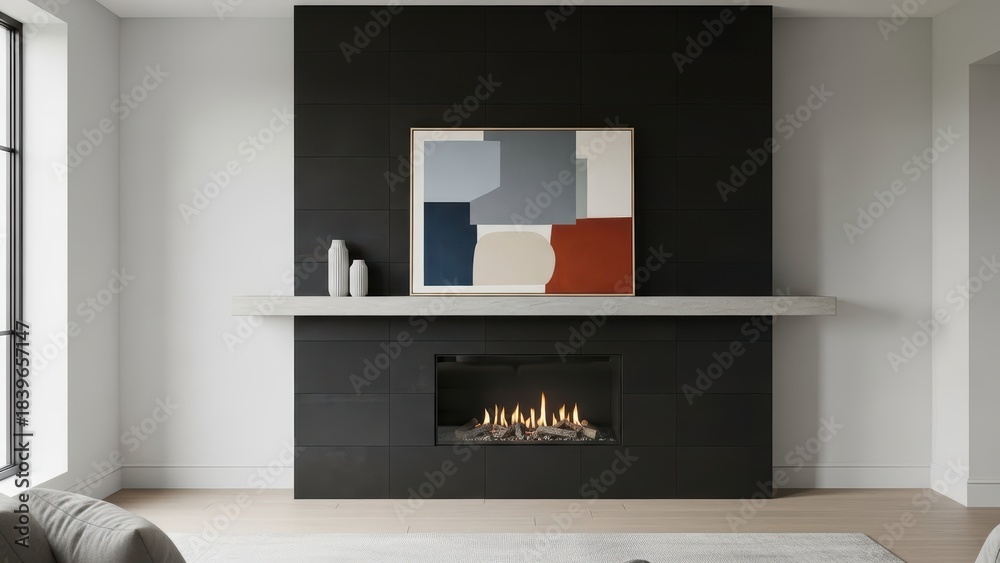 Obraz premium Modern living room with black fireplace and abstract art on mantel