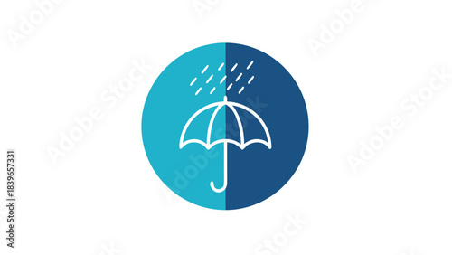 Blue and Teal Circular Icon With White Outline of Umbrella Protecting From Raindrops Weather Protection Concept