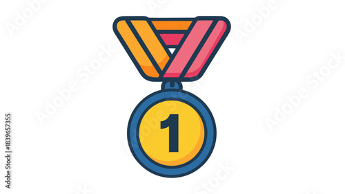 Blue and Yellow First Place Medal with Orange and Red Ribbon on Black Background Digital Illustration