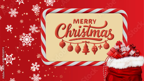 Merry Christmas red greeting card. Merry Christmas text with Christmas decorations.