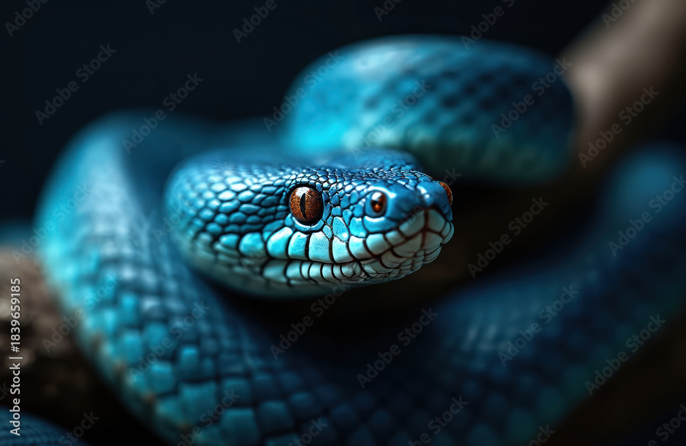 Fototapeta premium Close up photo of a blue viper snake. The venomous reptile showcases vibrant scales with a striking gaze. Details of its head and eye are well visible.