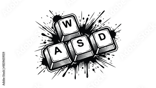 WASD keyboard keys with ink splatter gaming concept.