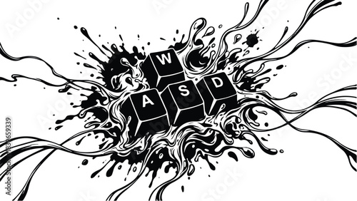 WASD keyboard keys with ink splash and lines.