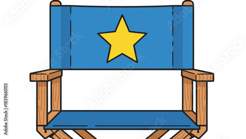 Blue Directors Chair with Yellow Star Emblem Isolated on White Background Featuring Wooden Frame and Fabric Seat and Backrest Promoting a Sense of Achievement and Success
