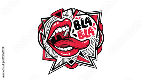 Vibrant Pop Art Mouth with Tongue Out and Bla Bla Text.