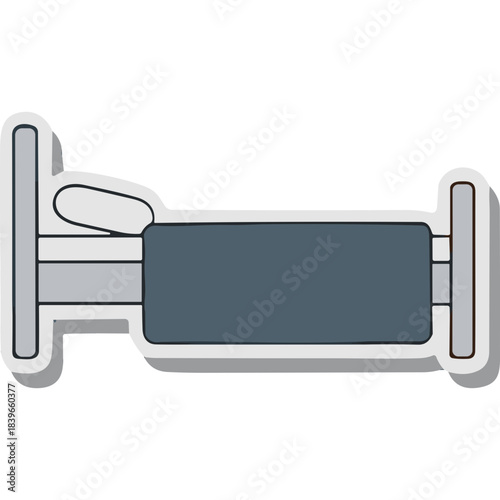 A Simple Illustration Of A Hospital Bed With A Pillow And A Dark Blue Blanket Against A White Background