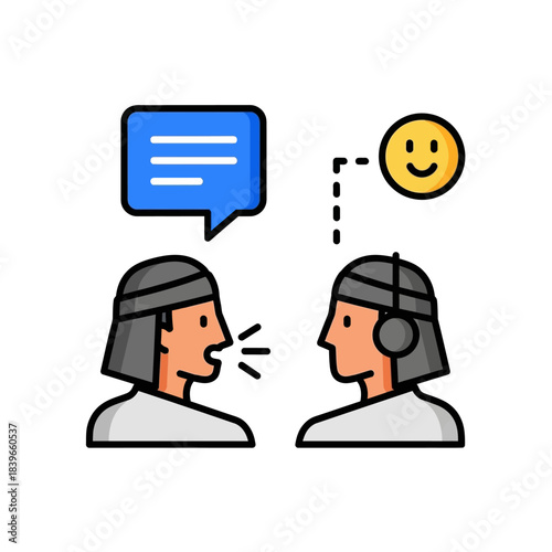 Two people communicating with speech bubble and happy emoji.