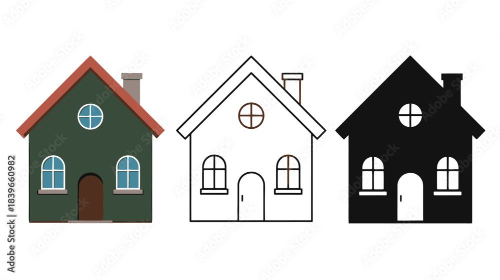 Naklejka premium Collection of house icons green outline and black silhouette for real estate or home design isolated on white