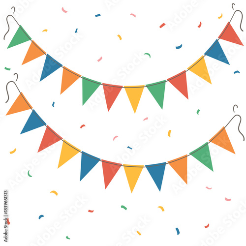 Colorful party bunting flags and confetti festive decoration for celebrations isolated on white background