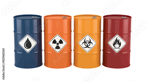 Four hazardous material barrels with warning symbols industrial storage for dangerous liquids and waste isolated on 