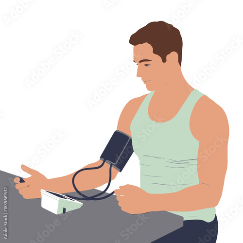 Man measuring blood pressure with a digital monitor health check concept medical illustration on white background