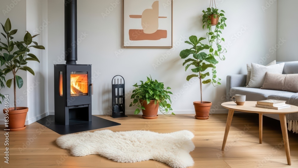 Obraz premium Cozy living room with fireplace, plants, and modern decor in scandinavian style